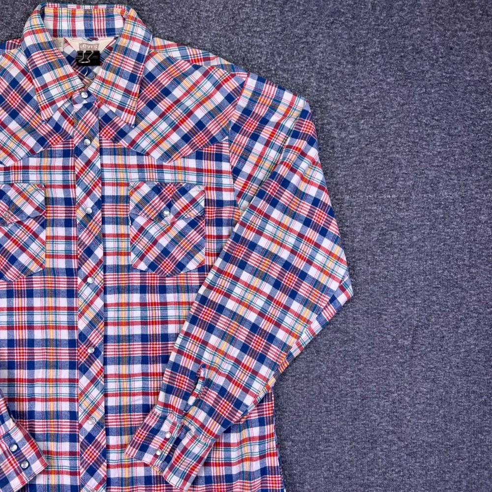 VTG 70s Levis Western Shirt Mens XL Plaid Snap‎ Sportswear Retro Big E White Tab